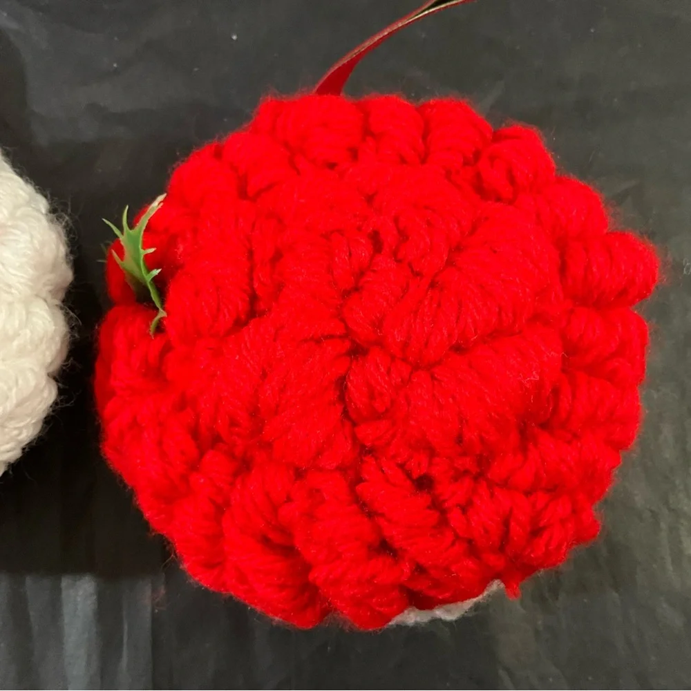 Vintage Set of 2 Handmade Santa and Mrs Claus Yarn Ornaments with Plastic Faces
